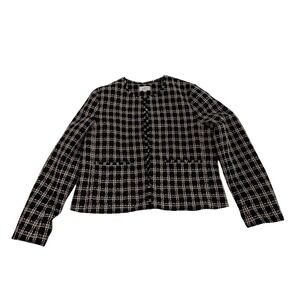 LOFT Outlet Womens Black White Plaid Tweed Fringe Collarless Blazer Jacket Sz 12